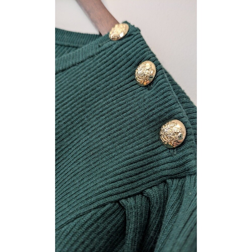 Lauren Ralph Lauren Puff Sleeve Sweater 2X Green Holiday Gold Buttons Preppy NWT - Picture 4 of 11